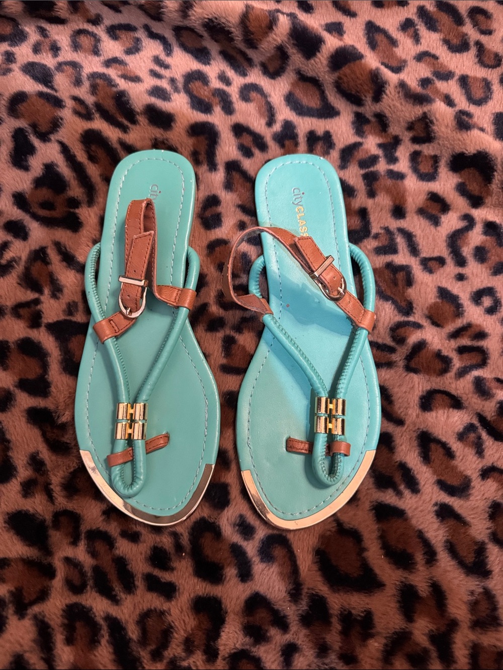 Cityclassified Turquoise & Brown Strappy Flat Sandals with Gold Accents